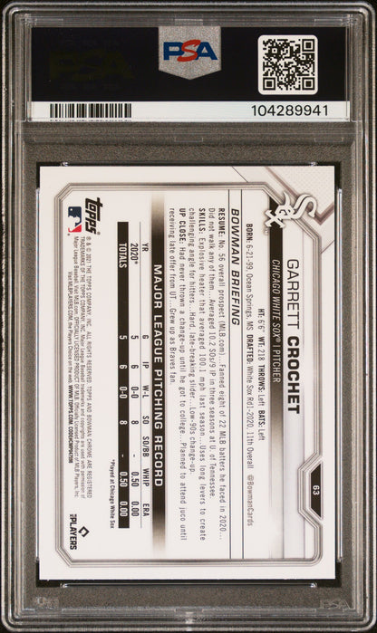 Graded 2021 Topps Bowman Chrome Garrett Crochet #63 Rookie RC Baseball Card PSA 10 Gem Mint
