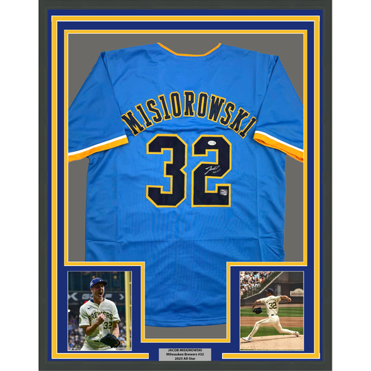 Framed Autographed/Signed Jacob Misiorowski 35x39 Milwaukee Blue Baseball Jersey JSA COA