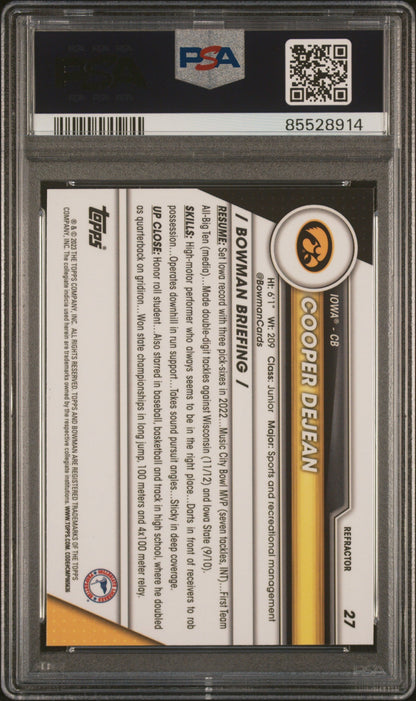 Graded 2023 Topps Bowman U Chrome Cooper DeJean #27 Refractor Rookie RC Football Card PSA 10 Gem Mint