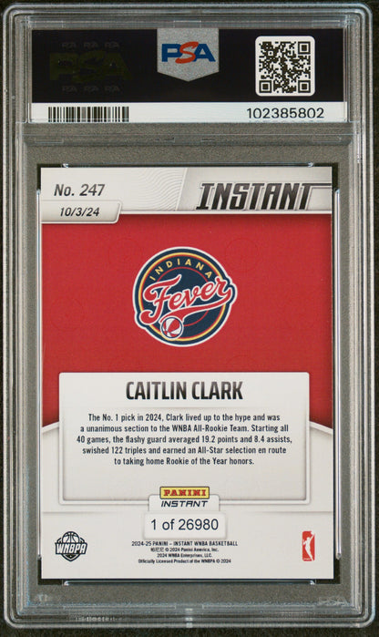 Graded 2024 Panini Instant WNBA Caitlin Clark #247 Rookie RC Basketball Card PSA 9 Mint