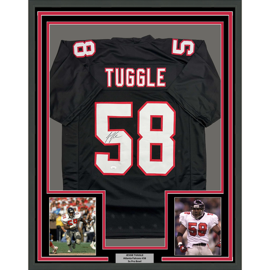 Framed Autographed/Signed Jessie Tuggle 35x39 Atlanta Black Football Jersey JSA COA
