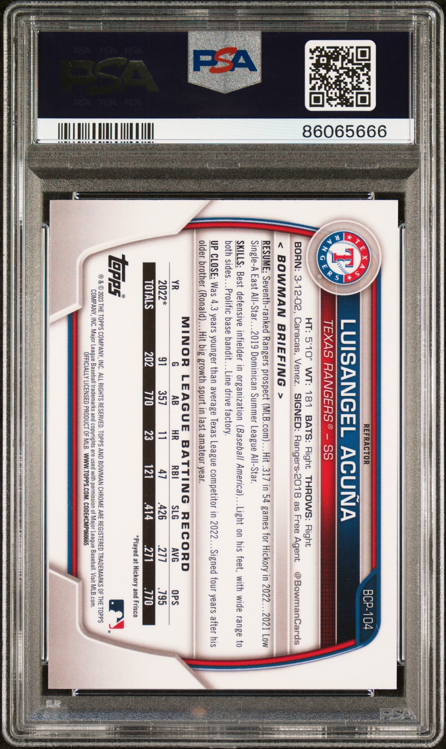 Graded 2023 Topps Bowman Luisangel Acuna #BCP104 Chrome Prospects Lunar Glow Refractor Rookie RC Baseball Card PSA 10 Gem Mint