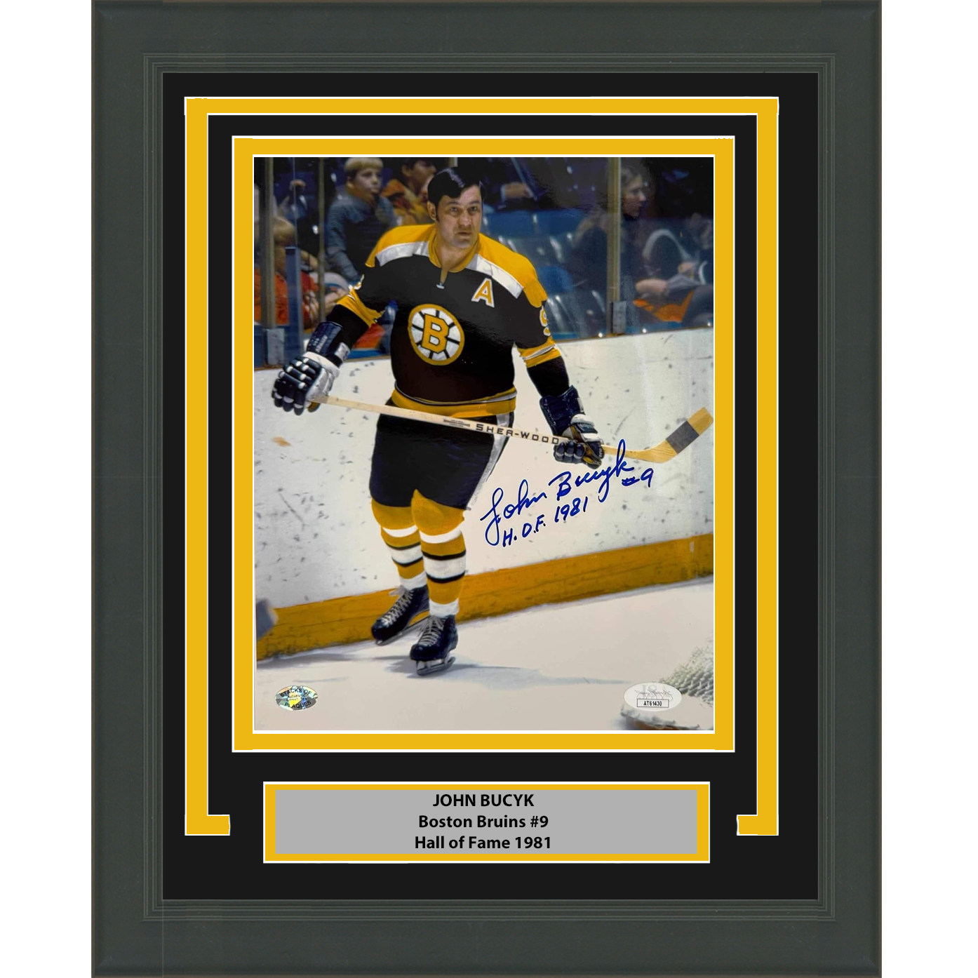 Framed Autographed/Signed Johnny John Bucyk Boston Bruins 8x10 Hockey Photo JSA COA