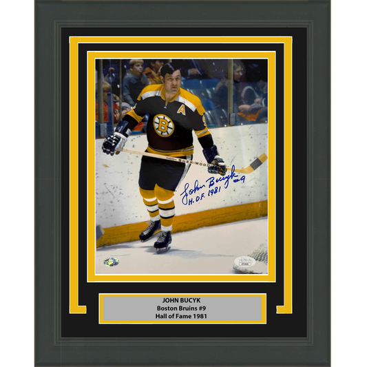 Framed Autographed/Signed Johnny John Bucyk Boston Bruins 8x10 Hockey Photo JSA COA