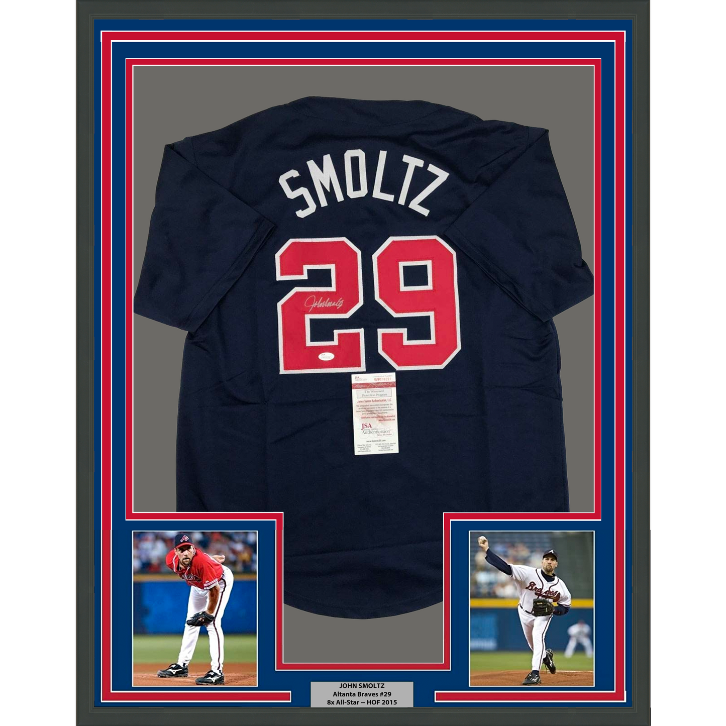 Framed Autographed/Signed John Smoltz 35x39 Atlanta Blue Baseball Jersey JSA COA