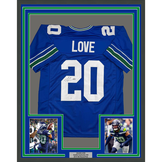 Framed Autographed/Signed Julian Love 35x39 Seattle Blue Retro Football Jersey JSA COA