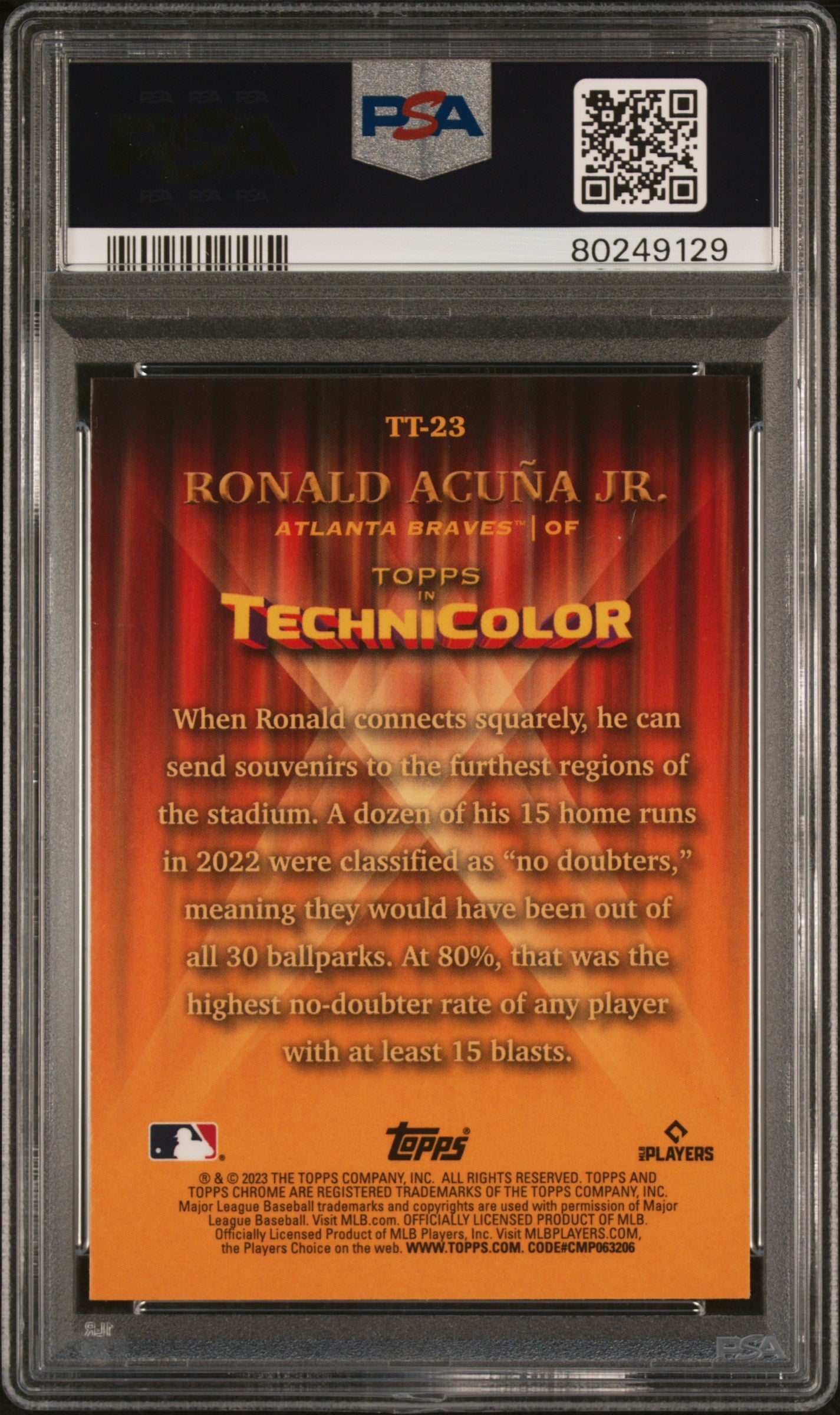 Graded 2023 Topps Chrome Ronald Acuna Jr. #TT23 Topps in Technicolor Baseball Card PSA 10 Gem Mint