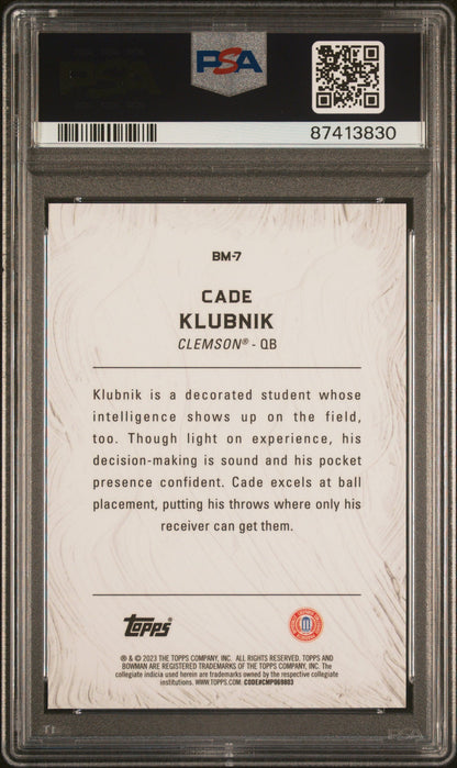 Graded 2023 Topps Bowman U Best Cade Klubnik #BM7 Masterpieces Geometric Rookie RC Football Card PSA 10 Gem Mint