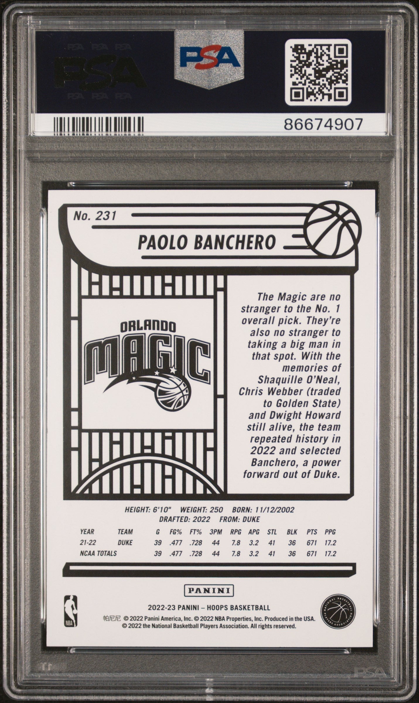 Graded 2022 Panini NBA Hoops Paolo Banchero #231  Rookie RC Basketball Card PSA 10 Gem Mint