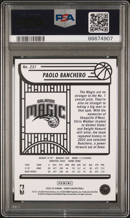 Graded 2022 Panini NBA Hoops Paolo Banchero #231  Rookie RC Basketball Card PSA 10 Gem Mint