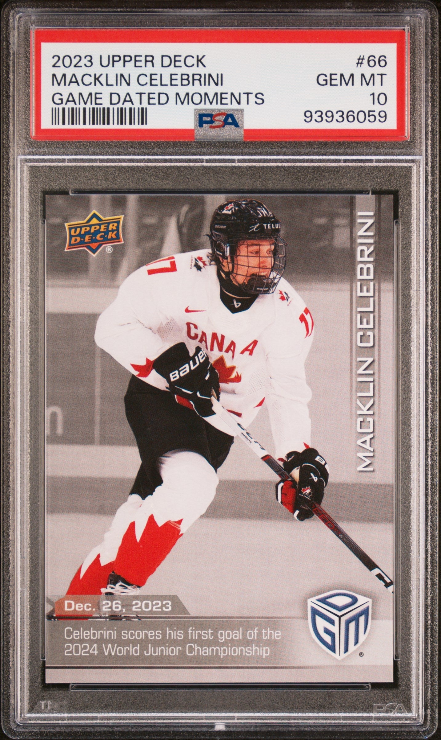 Graded 2023 Upper Deck Macklin Celebrini #66 Game Dated Moments Rookie RC Hockey Card PSA 10 Gem Mint