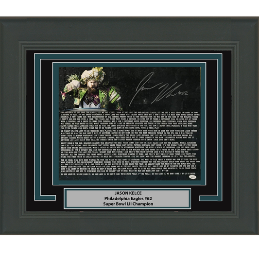 Framed Autographed/Signed Jason Kelce Super Bowl Parade Speech Transcript Mummers Philadelphia Eagles 16x20 Football Photo PSA/DNA COA