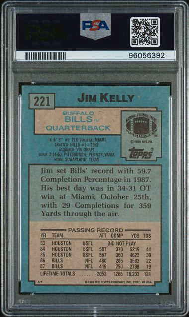 Graded 1988 Topps Jim Kelly #221 2nd Year Football Card PSA 10 Gem Mint