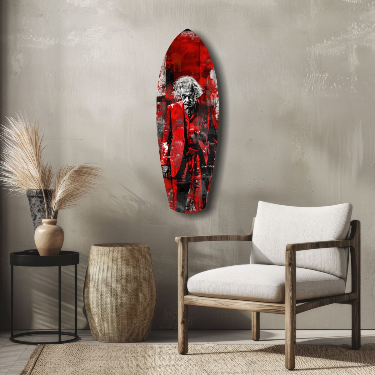 Scarlet Grunge Wild Haired Scientist Surfboard Glass Wall Art
