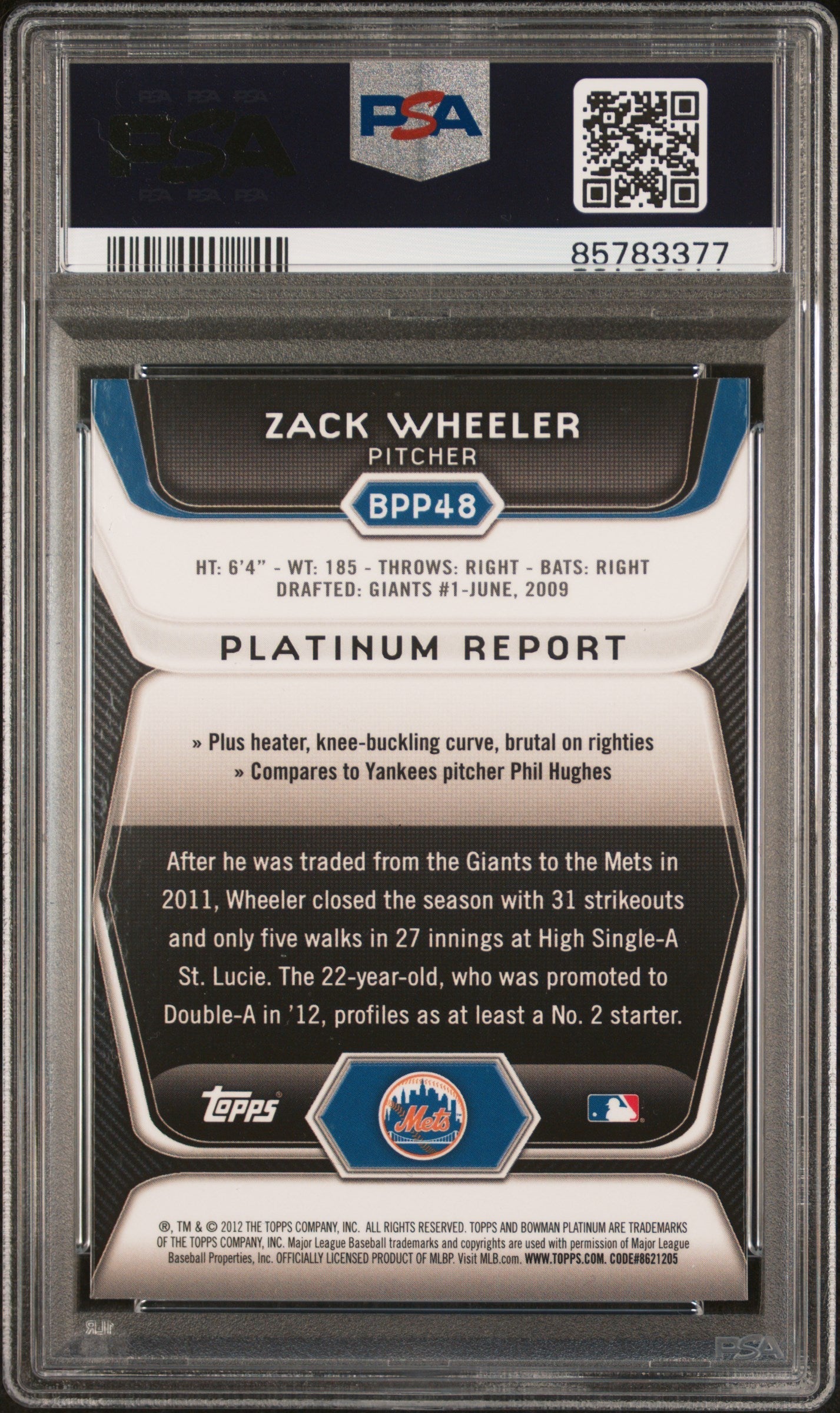 Graded 2012 Topps Bowman Platinum Zack Wheeler #BPP48 Prospects Purple Refractor Rookie RC Baseball Card PSA 10 Gem Mint