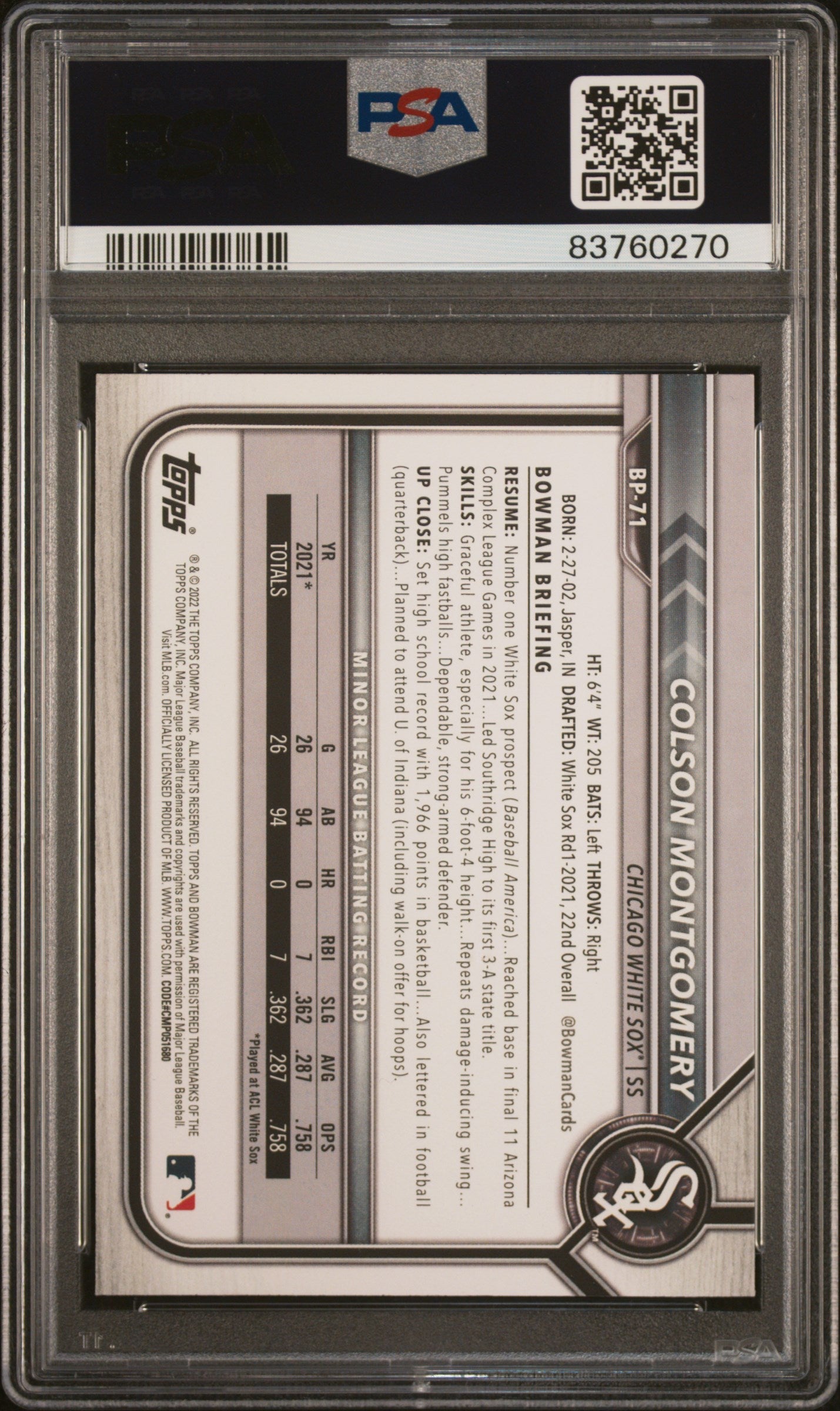 Graded 2022 Topps Bowman Colson Montgomery #BP71 Paper Prospects Rookie RC Baseball Card PSA 10 Gem Mint