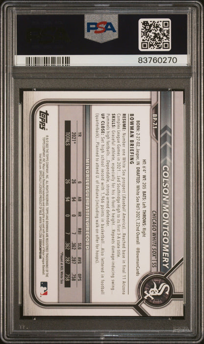 Graded 2022 Topps Bowman Colson Montgomery #BP71 Paper Prospects Rookie RC Baseball Card PSA 10 Gem Mint