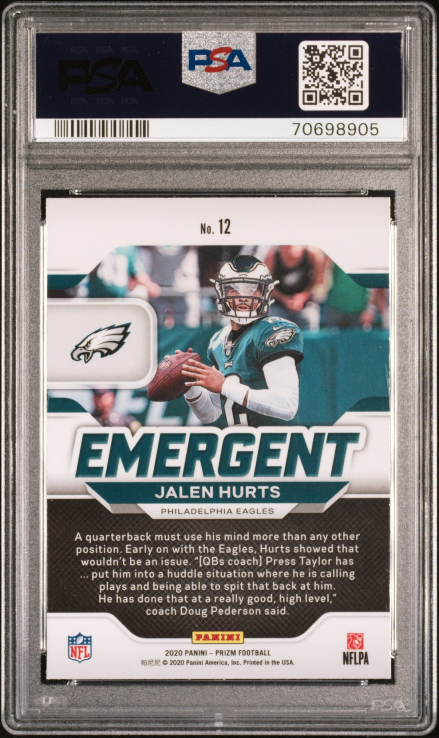 Graded 2020 Panini Prizm Jalen Hurts #12 Emergent Rookie RC Football Card PSA 10 Gem Mint