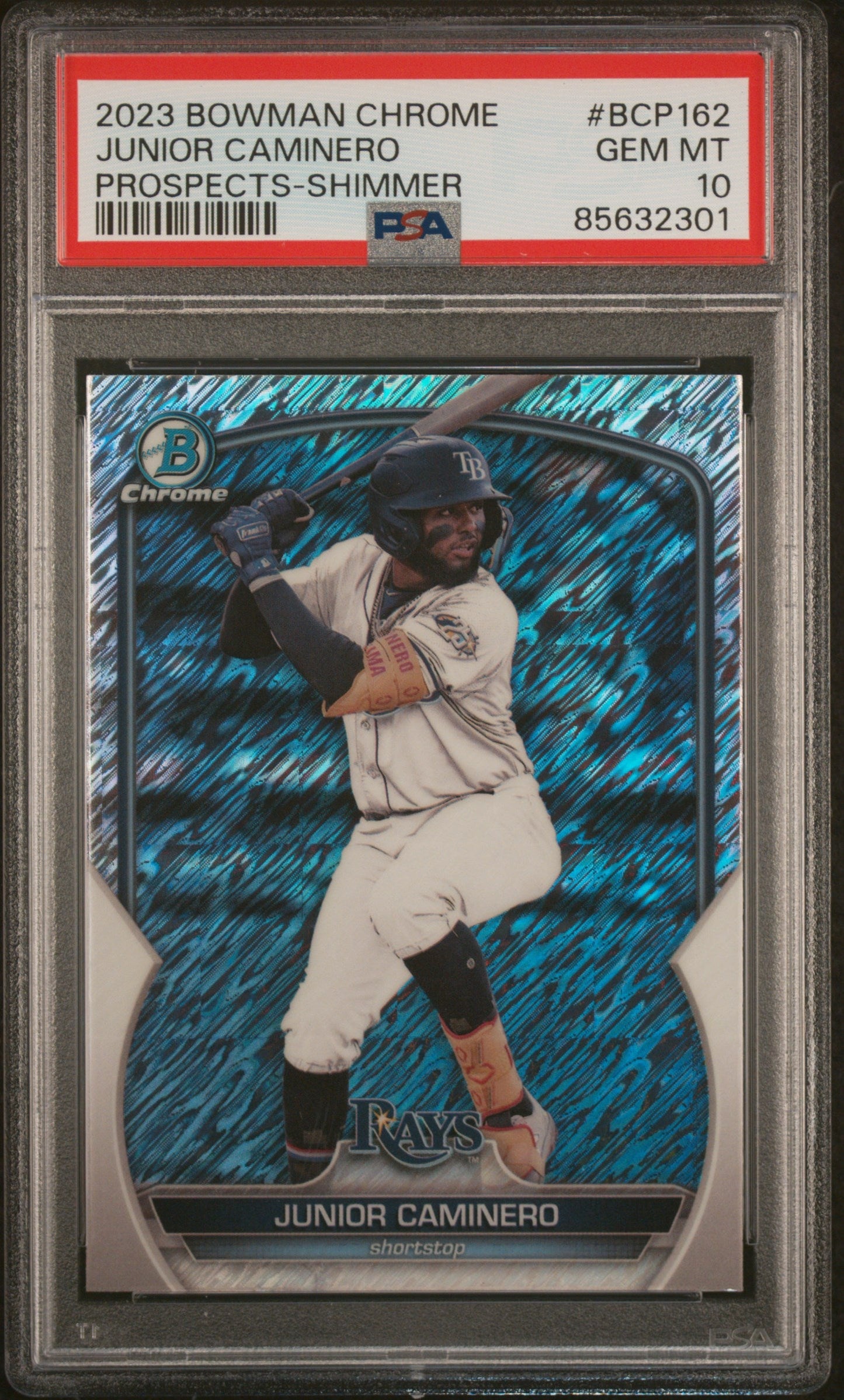 Graded 2023 Topps Bowman Chrome Junior Caminero #BCP162 Prospects Shimmer Rookie RC Baseball Card PSA 10 Gem Mint