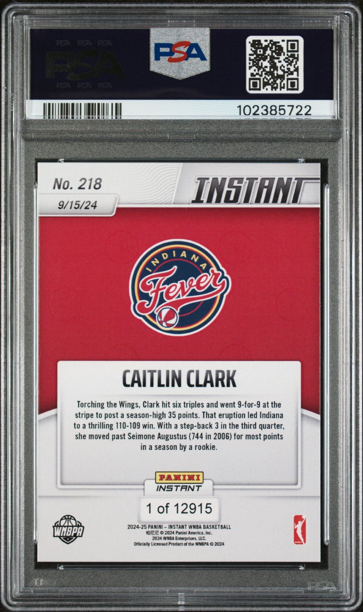 Graded 2024 Panini Instant WNBA Caitlin Clark #218 Rookie RC Basketball Card PSA 10 Gem Mint