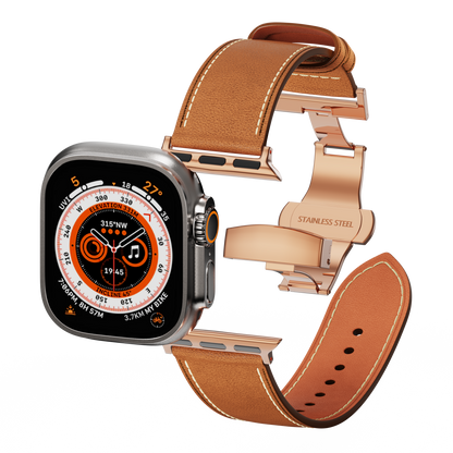 Genuine Leather Butterfly Clasp Band for Apple Watch,Rose Gold