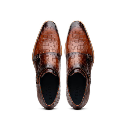 55-112-CGN LEGERRA Hand Burnished Crocodile Print Monkstrap Cognac