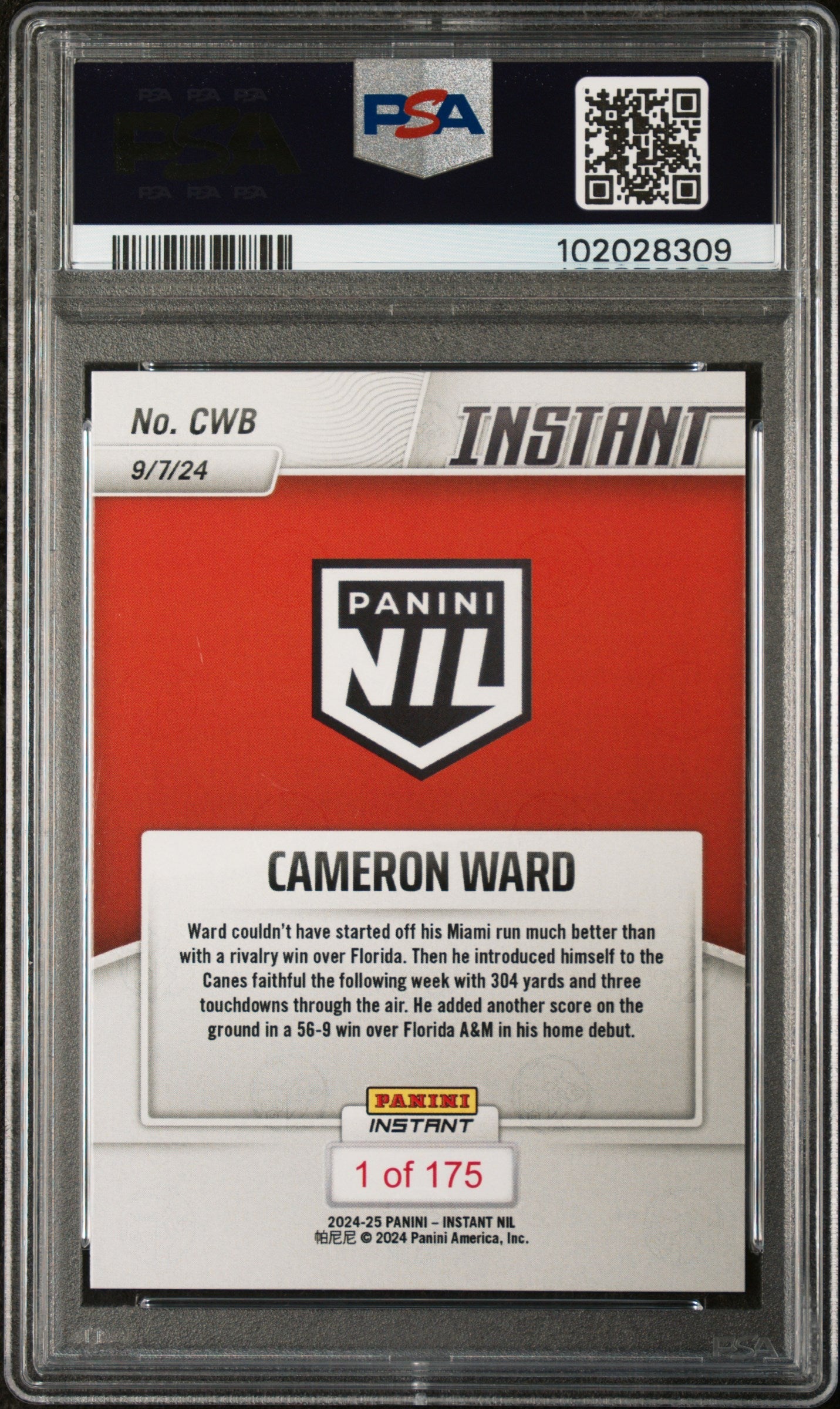 Graded 2024 Panini Instant NIL Cam Ward #CWB Rookie RC Football Card PSA 10 Gem Mint