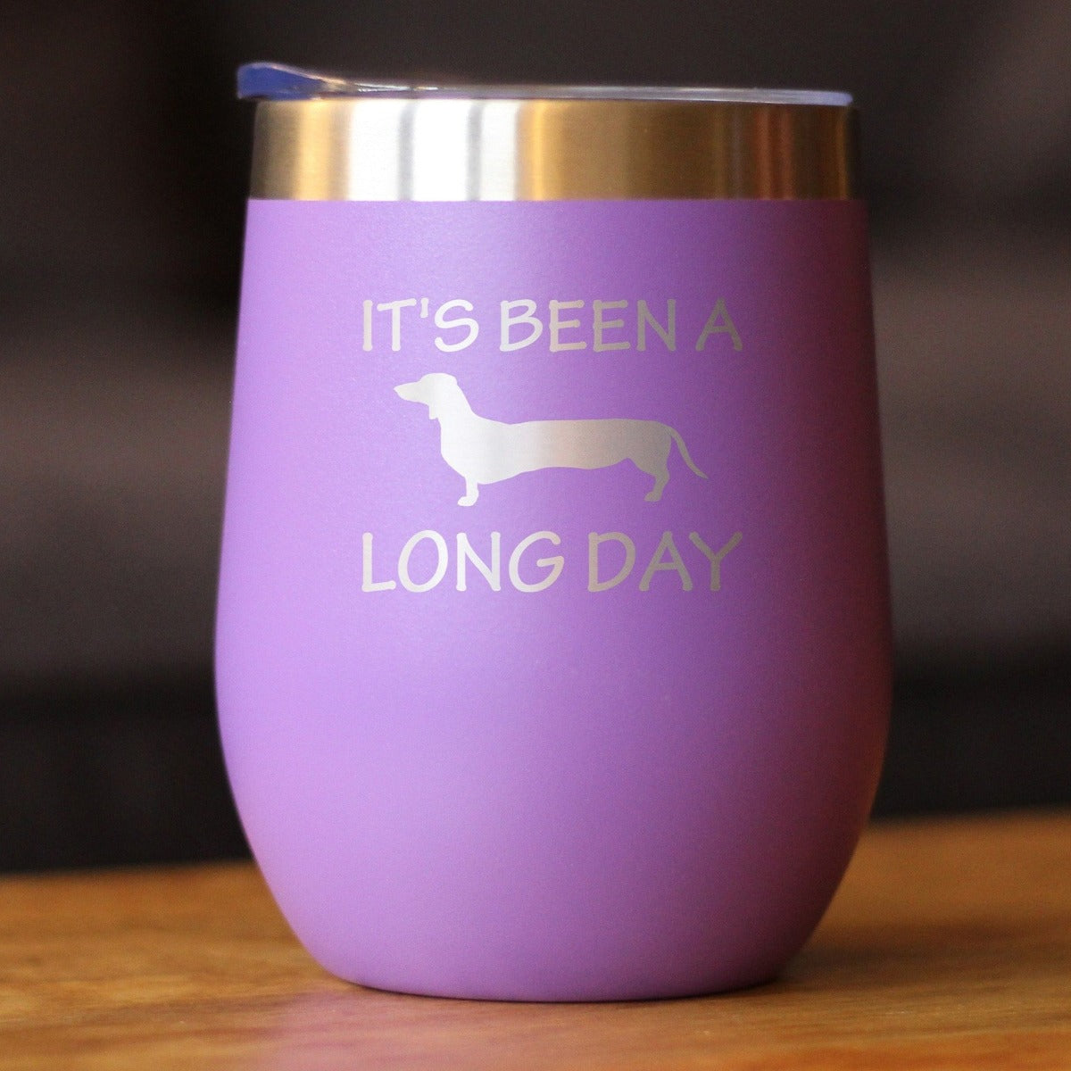 Been a Long Day - Dachshund Wine Tumbler with Sliding Lid - Stemless Stainless Steel Insulated Cup - Cute Funny Gift for Coworkers or Boss