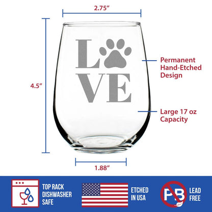 LOVE Paw – Cute Stemless Wine Glass for Dog & Cat Moms, Large 17 Ounces, Etched Sayings, Gift Box
