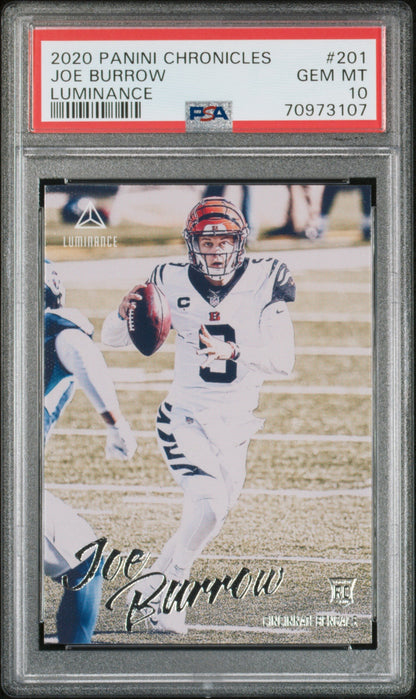 Graded 2020 Panini Chronicles Joe Burrow #201 Luminance Rookie RC Football Card PSA 10 Gem Mint