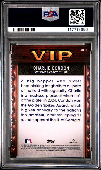 Graded 2025 Topps Bowman Charlie Condon #VIP9 Very Important Prospects Rookie RC Baseball Card PSA 10 Gem Mint