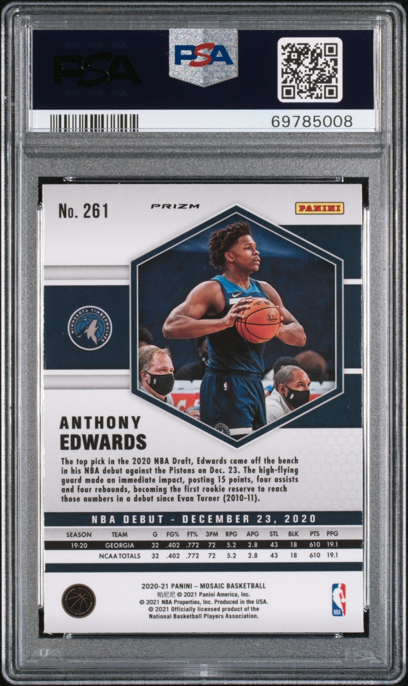 Graded 2020-21 Panini Mosaic Anthony Edwards #261 Reactive Blue Rookie RC Basketball Card PSA 10 Gem Mint