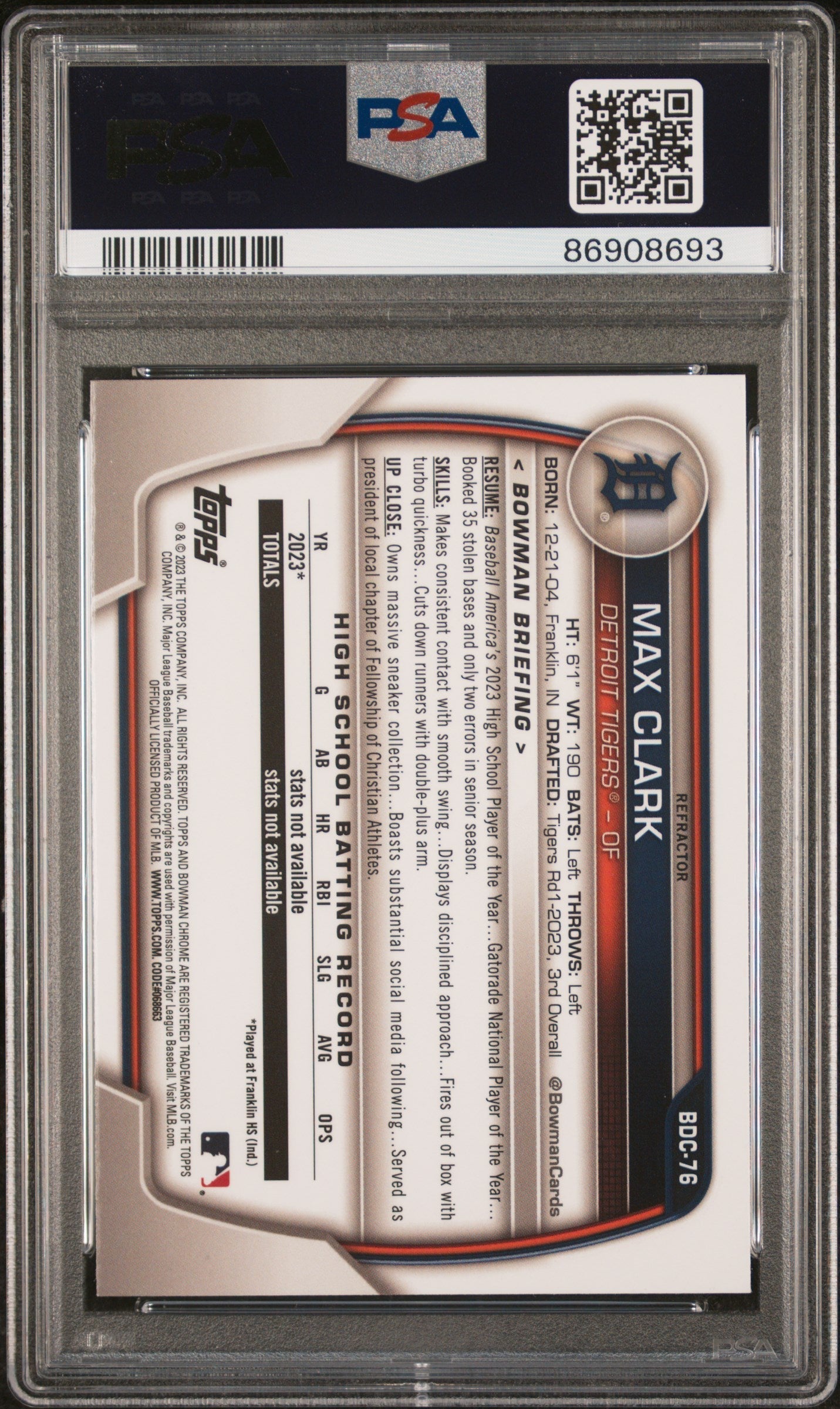 Graded 2023 Topps Bowman Draft Max Clark #BDC76 Chrome Refractor Rookie RC Baseball Card PSA 10 Gem Mint