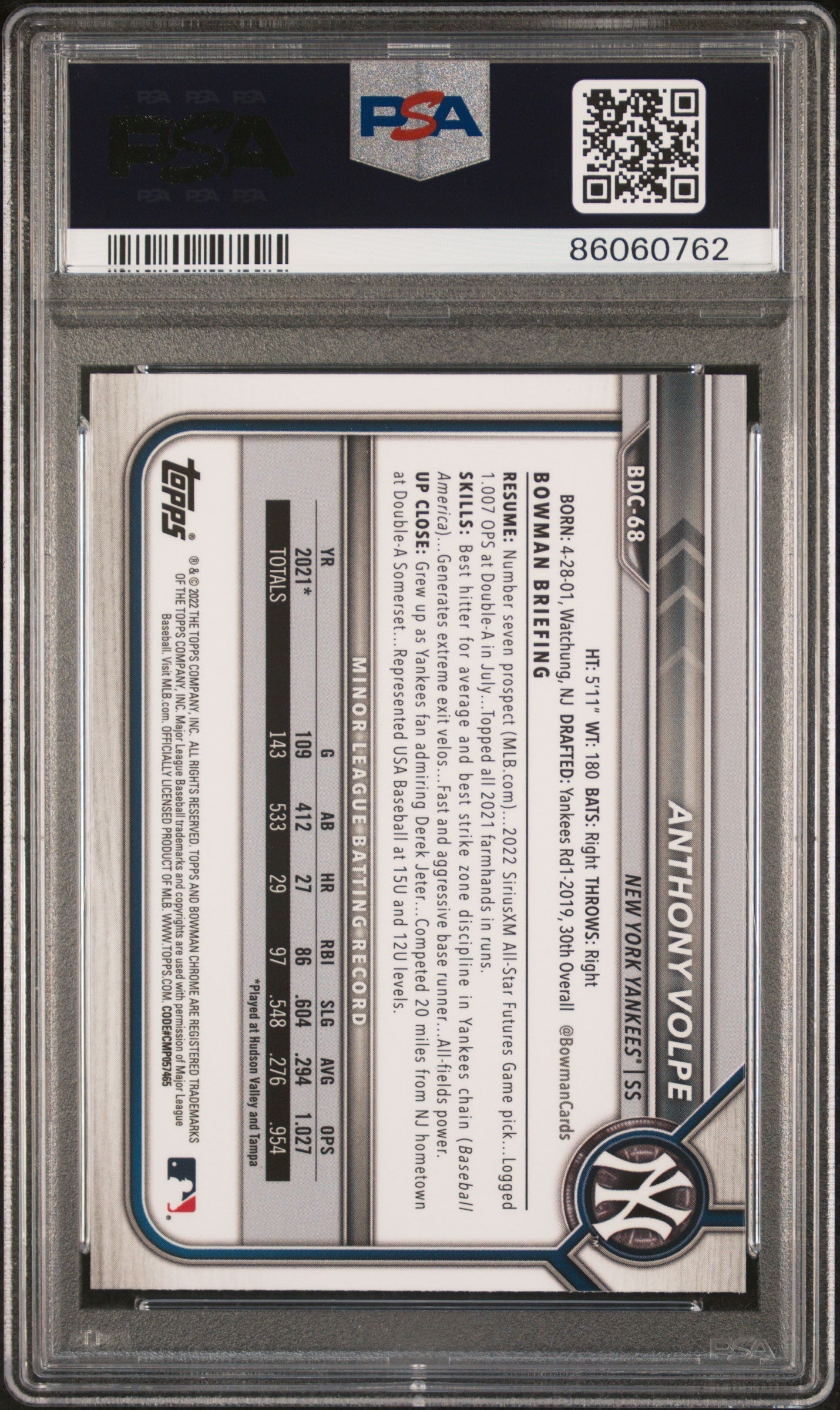 Graded 2022 Topps Bowman Draft S/E Anthony Volpe #BDC68 Rookie RC Baseball Card PSA 10 Gem Mint