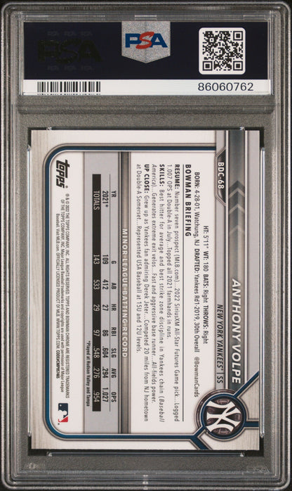 Graded 2022 Topps Bowman Draft S/E Anthony Volpe #BDC68 Rookie RC Baseball Card PSA 10 Gem Mint