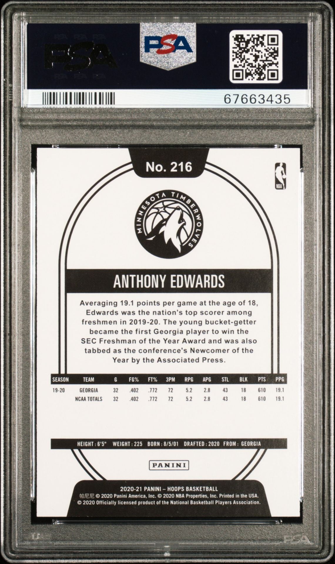 Graded 2020-21 Panini Hoops Anthony Edwards #216 Purple Rookie RC Basketball Card PSA 10 Gem Mint