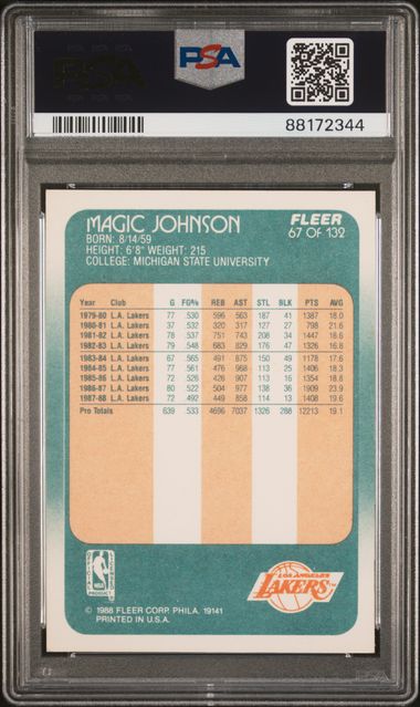 Graded 1988 Fleer Magic Johnson #67 Basketball Card PSA 9 Mint