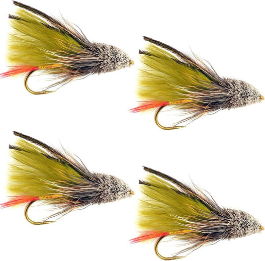 Olive Marabou Muddler Minnow Streamer Flies - 4 Fly Fishing Flies - Hook Size 8