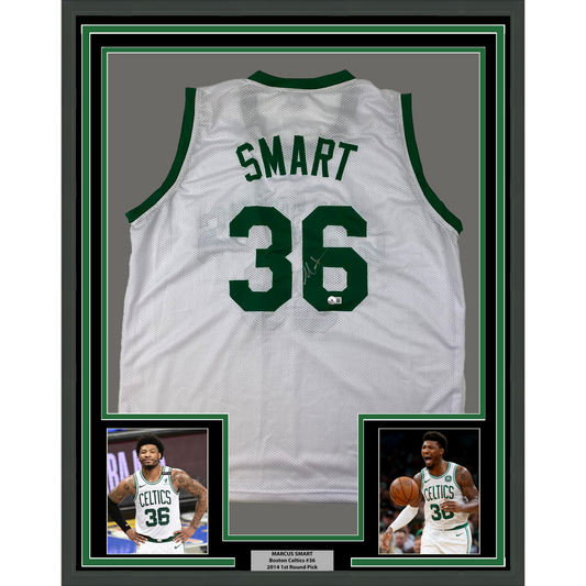 Framed Autographed/Signed Marcus Smart 35x39 Boston White Basketball Jersey Beckett BAS COA