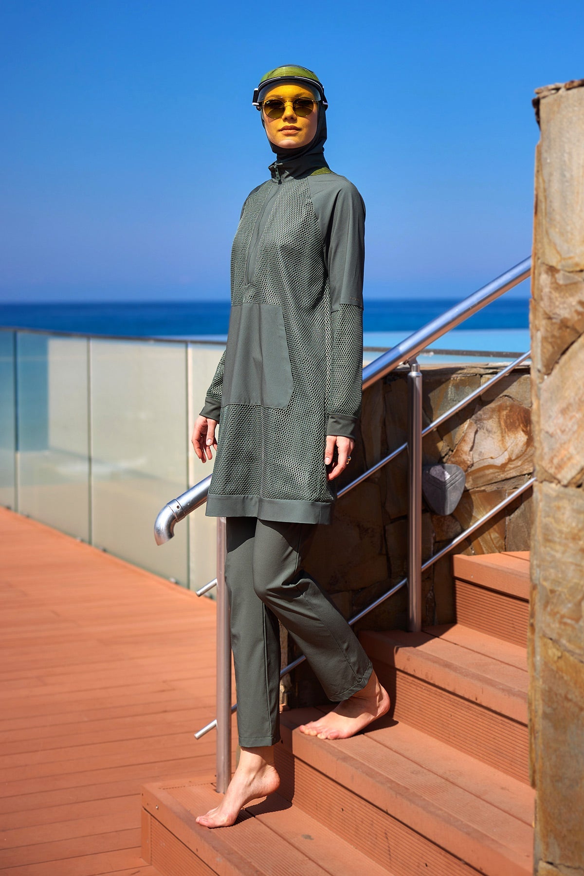 Khaki Full Coverage Tulle Detail Modest Swimwear Burkini Set M2534-3