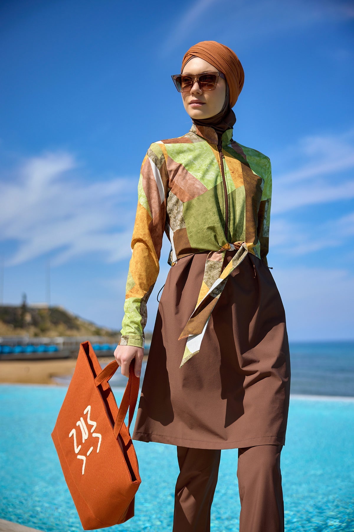 Brown Full Coverage Modest Swimwear Burkini Set M2530-1