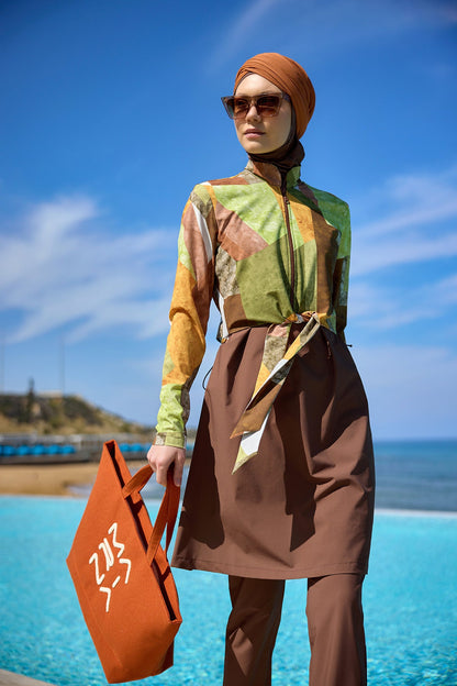 Brown Full Coverage Modest Swimwear Burkini Set M2530-1