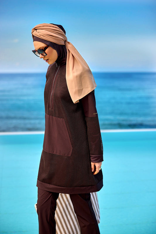 Brown Full Coverage Tulle Detail Modest Swimwear Burkini Set M2534-4