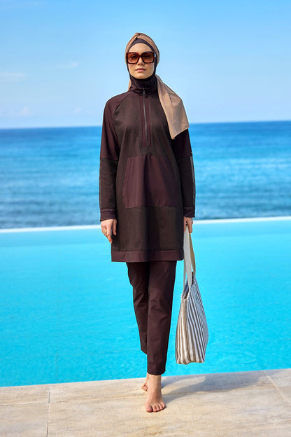Brown Full Coverage Tulle Detail Modest Swimwear Burkini Set M2534-4