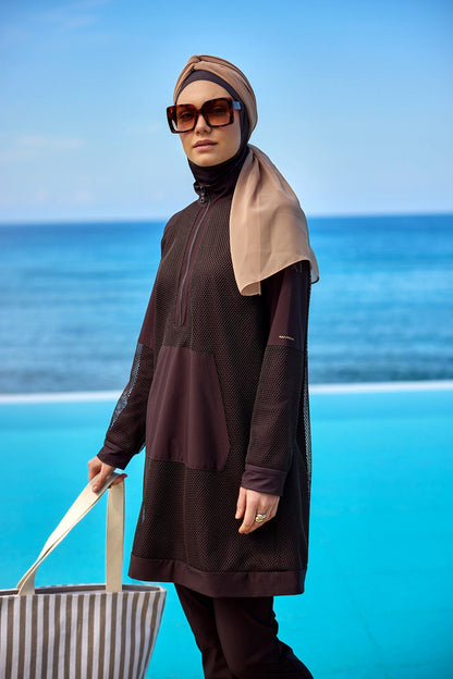 Brown Full Coverage Tulle Detail Modest Swimwear Burkini Set M2534-4