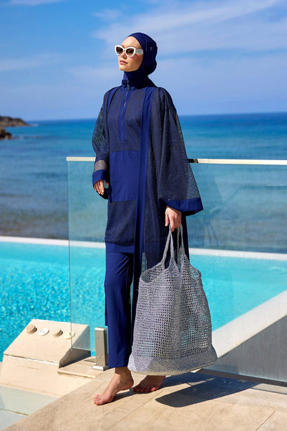 Navy Full Length Modest Mesh Kimono – Lightweight Islamic Swim Cover P2501-2