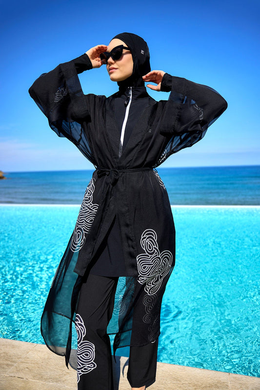 Marina Black & White Damask Chiffon Kimono - P2515