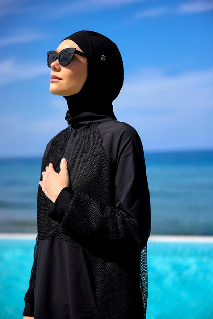 Black Tulle Detail Full Coverage Swimwear Burkini M2534-1
