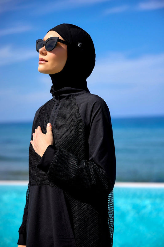 Black Tulle Detail Full Coverage Swimwear Burkini M2534-1
