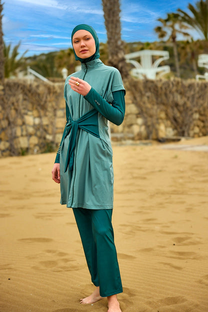 Olive Modest Burkini Set – High Collar Full Coverage Swimwear M2523-1